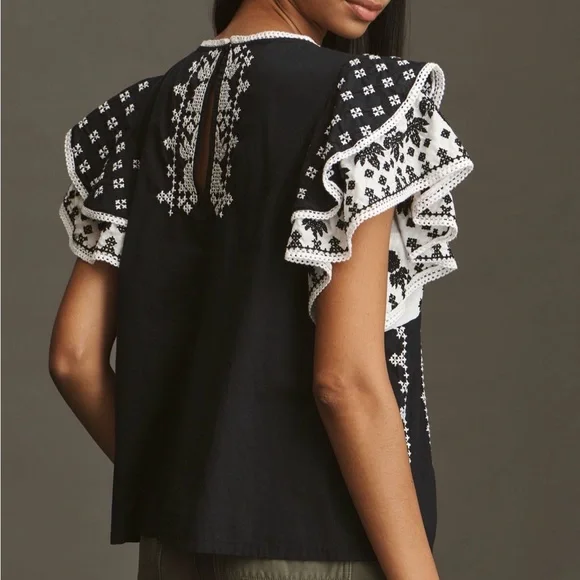 NWT Farm Rio x Anthropologie Printed Flutter sleeve Top size L - Picture 2 of 5